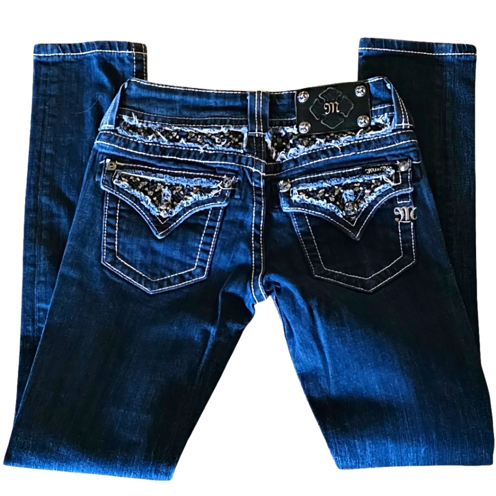 Miss Me Embellished Embroidered Frayed Skinny Dark Denim Stretch Jeans 25 Y2K